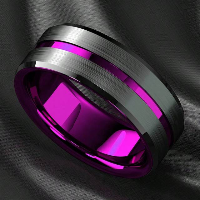 SHEIN 1pc Fashion 8mm Black Stainless Steel Rings For Men Women Green/Purple/Red Groove Step Edge Black Brushed Engagement Rings Wedding Anniversary Jewelry