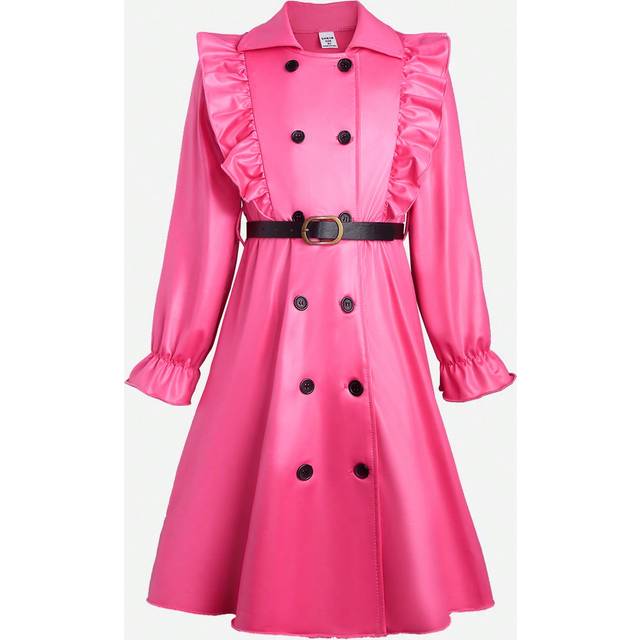 SHEIN Tween Girls&#39; Stylish Solid Color Double-Breasted Dress With Ruffles, Suitable For Daily Wear In Spring, Autumn And Winter