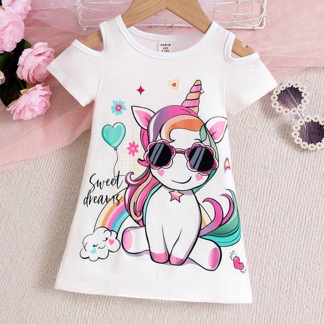 Baby Girl Unicorn tryckt axelavdragande Casual Klänning för vår och sommar - Vitt (6-9M,9-12M,12-18M,18-24M,2-3Y,3-6M)