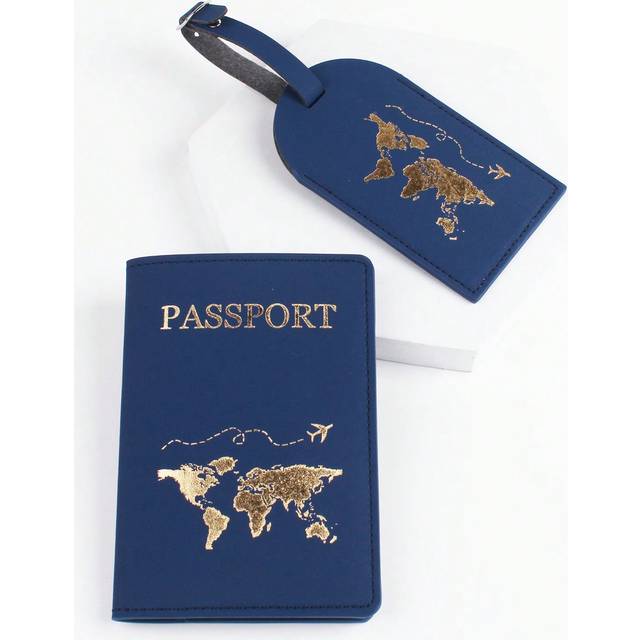 SHEIN 2pcs/set Pu Leather Travel Set With World Map Pattern Passport Holder And Luggage Tag Card Holder Suitcase Tag Name Tag Card Sleeve Hanging Tag Pendan