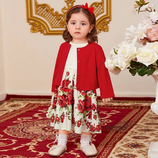 Bebis Tjejer Blommigt Tryckt Klänningar Med Röd Stickad Koftor (6-9M,9-12M,12-18M,18-24M,2-3Y)