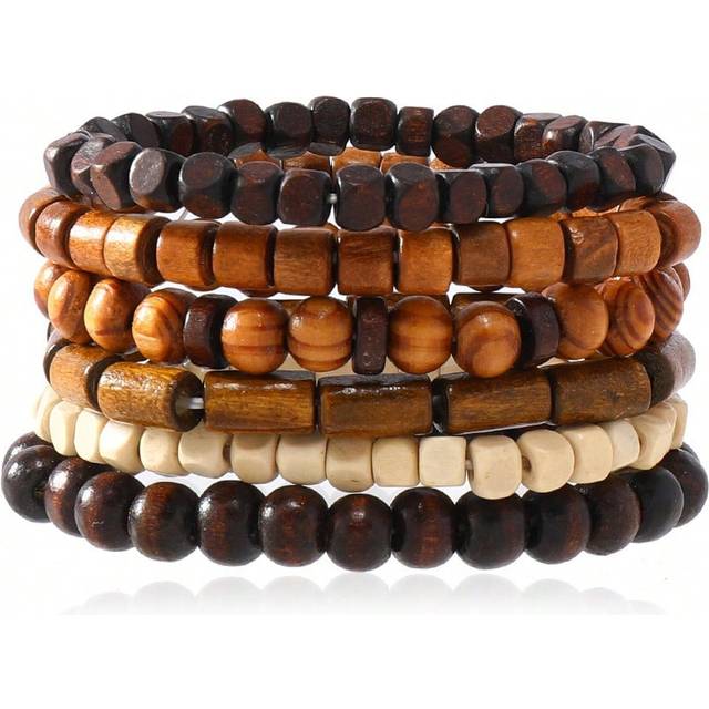 SHEIN 6pcs/Set Vintage Style Unique Multicolored Natural Wooden Bead Layered Bracelet - Perfect For Men&#39;s Daily Wear, Ideal As A Holiday Gift