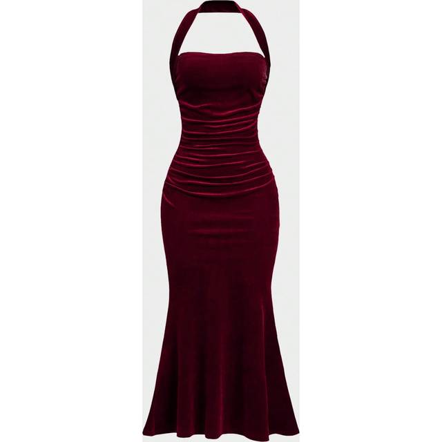 Sweetra Women&#39;s Halter Neck Mermaid Hem Dress,Ladies Elegant Backless,Ruched Sleeveless Halter Slim Fit Long Hot Pink Plain Bodycon Women Long Dresses,Spring/