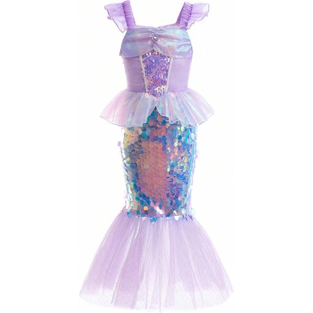 SHEIN Young Girl Sparkly Fish Tail Cap Sleeve Mesh Dress With Ruffle Trim, Ideal For Performances, Parties & Evening Events