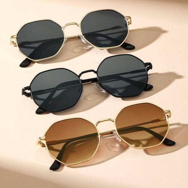 SHEIN 3pcs Women Geometric Frame Classical Fashion Copper Black Golden Tawny Fashion Glasses For Outdoor Daily Life Beach Clothing Accessories Beach Accesso