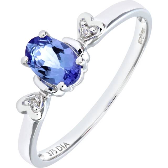 (L) Jewelco London 9ct White Gold Tanzanite Ring With Diamond Set Heart Shoulders