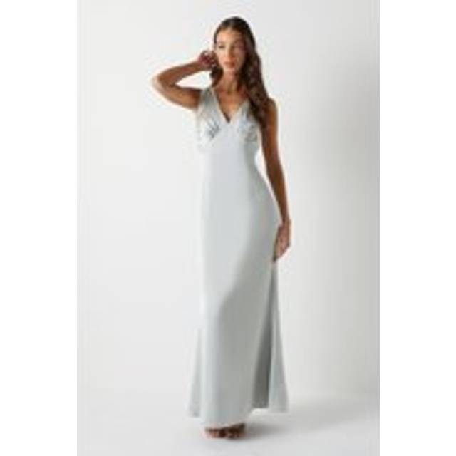 Bow Back V Neck Satin Bridesmaid Dress - Sage - 8