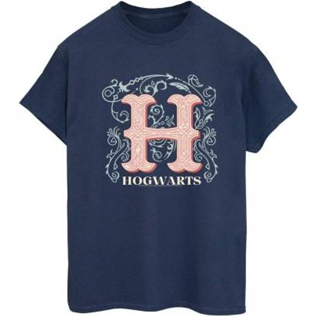 (L, Navy Blue) Harry Potter Womens/Ladies Flowers H Cotton Boyfriend T-Shirt