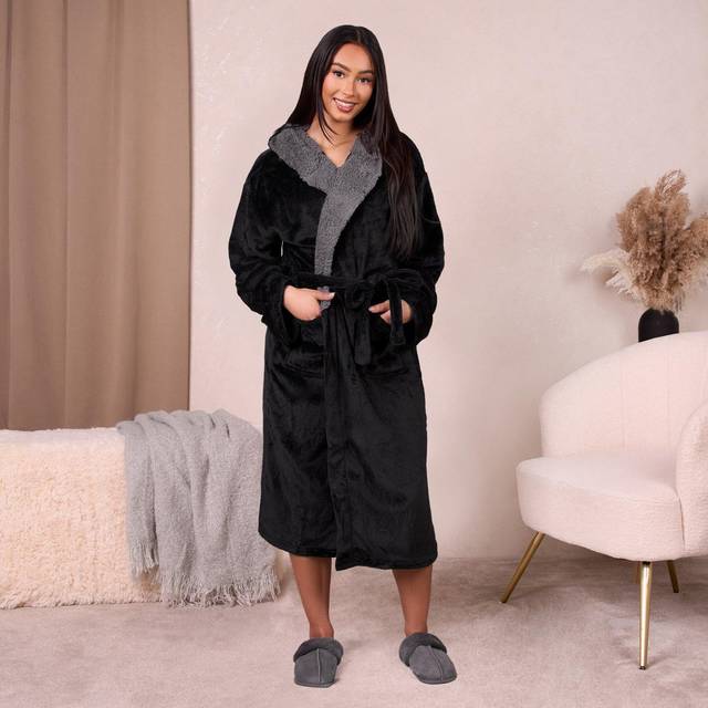 Sienna Flannel Fleece Hooded Dressing Gown Sherpa Bathrobe One Size - Black