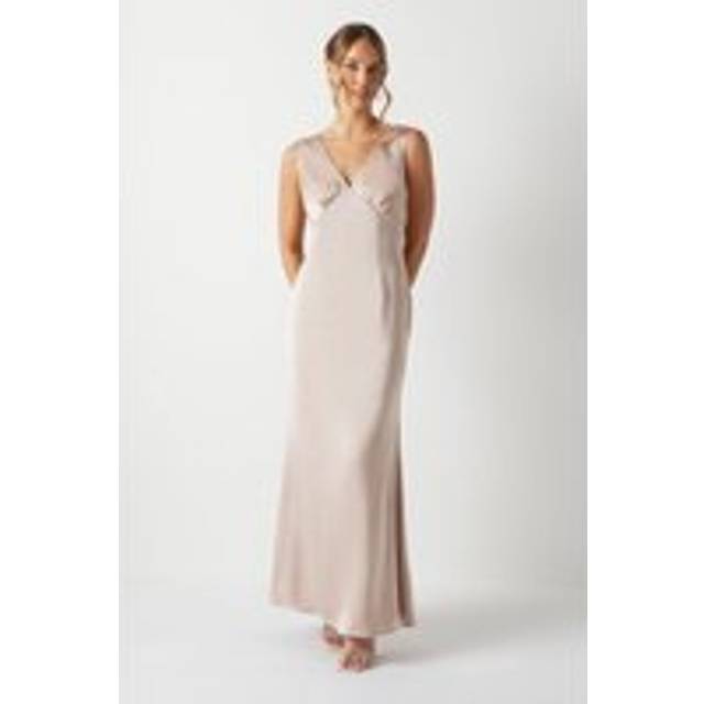 Bow Back V Neck Satin Bridesmaid Dress - Mocha - 10