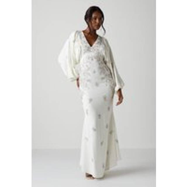 Premium V Neck Blouson Sleeve Embellished Wedding Dress - Ivory - 10