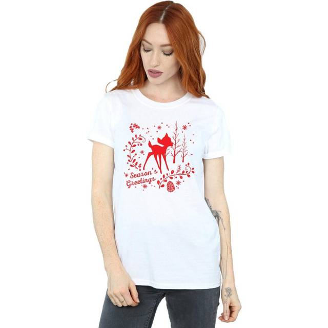Bambi Christmas Greetings Cotton Boyfriend T-Shirt - White - XL