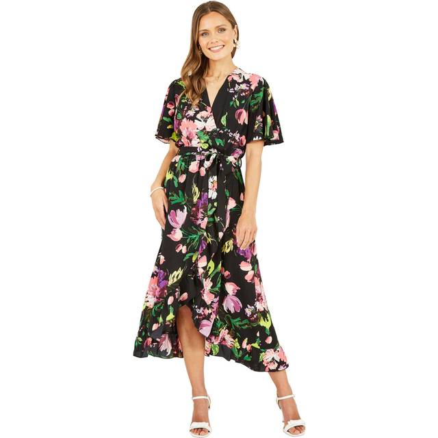 Mela London Womens Black Floral Wrap Midi Dress With Frills - Size 8 UK