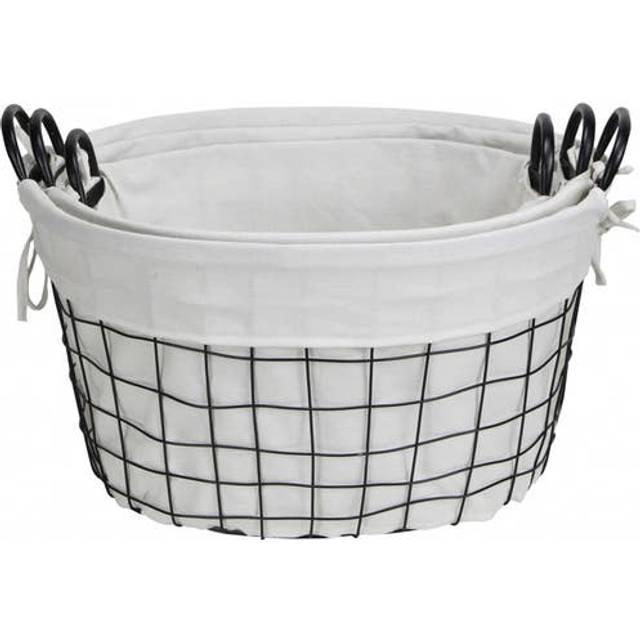 Set Of 3 Oval White Lined And Metal Wire Baskets With Handles