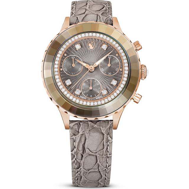 Octea Chrono watch, Swiss Made, Leather strap, Grey, Rose gold-tone finish - OS