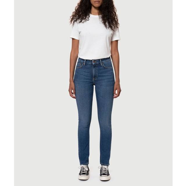 Nudie Jeans Mellow Mae Blue Mud Slim Fit Mid Waist Straight Fit Women's Organic Jeans W24/L30 Sustainable Denim (W24/L30)