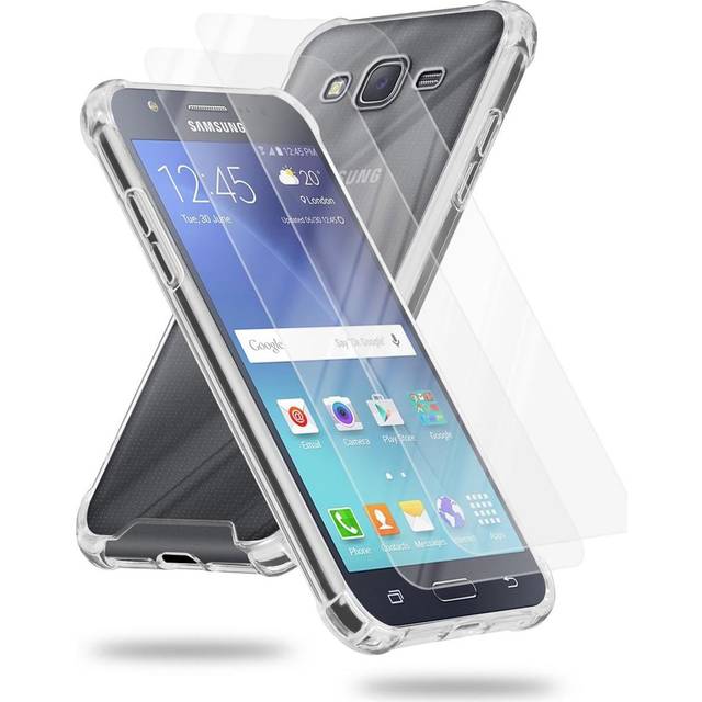 Cadorabo Case and 2x tempered protective glass for Samsung Galaxy J7 2015 TPU silicone edge and acrylic glass back Hybrid HardCase Back Case