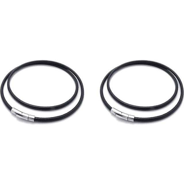 2X Jewelry Men's Necklace - Chain - 3mm Cord - Leather - Stainless Steel - for Men - Color Black Silver -with Bag - 55cm