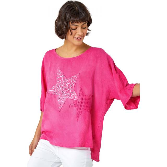 Sequin Star Print Tunic Top - Pink - M