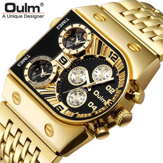 (black) Oulm 2022 New Multi Time Zone Large Dial Luminous Men&apos;s Watch Steel Band Fashion Casual Personality Quartz Watch Gold