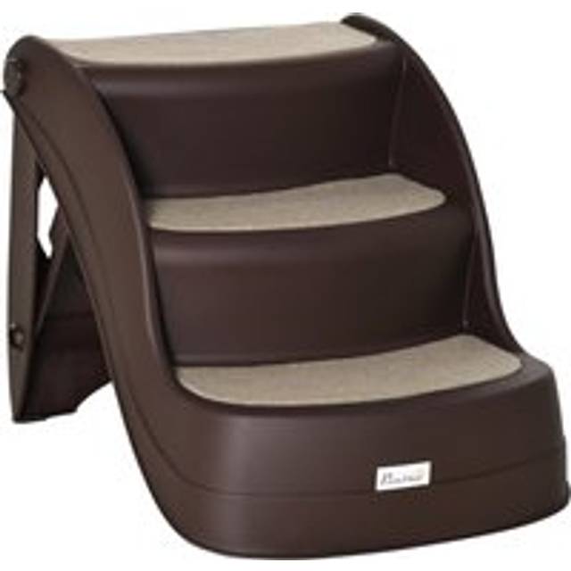 PawHut Foldable Pet Stairs Portable Dog Steps 3-Step Design with Non-slip Mats for High Beds, Sofas, 49 x 38 x 38 cm, Brown Aosom UK