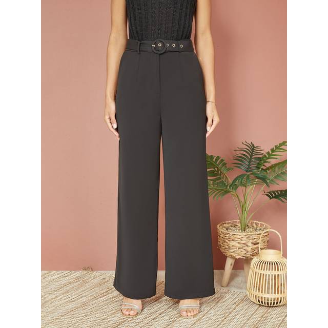 Yumi Womens Black Straight Leg Crepe Trousers With Belt - Size 8 UK