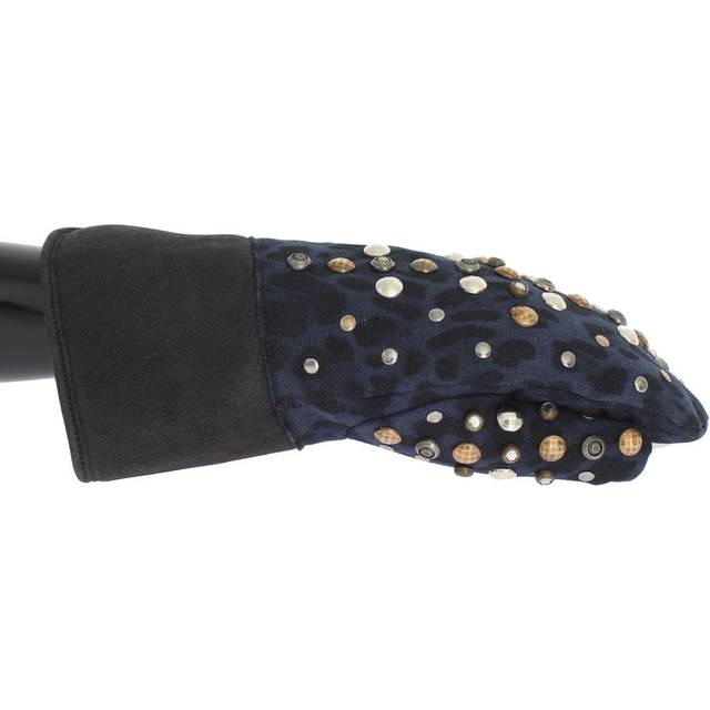 Dolce & Gabbana Gray Wool Shearling Studded Blue Leopard Gloves - 9|M - gray (9|M)