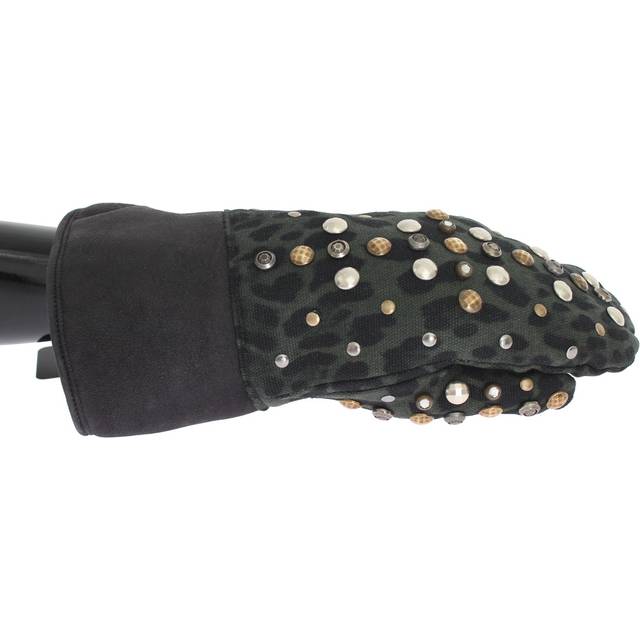 Dolce & Gabbana Gray Wool Shearling Studded Green Leopard Gloves - 9|M (9|M)