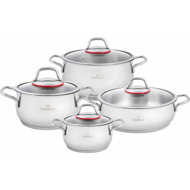 Karaca Emirgan 8-Piece Stainless Steel Induction Cookware Set, Silver Red (8)