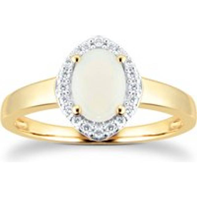 Oval Cut Opal And Diamond Set Ring In 9 Carat Yellow Gold - Ring Size M