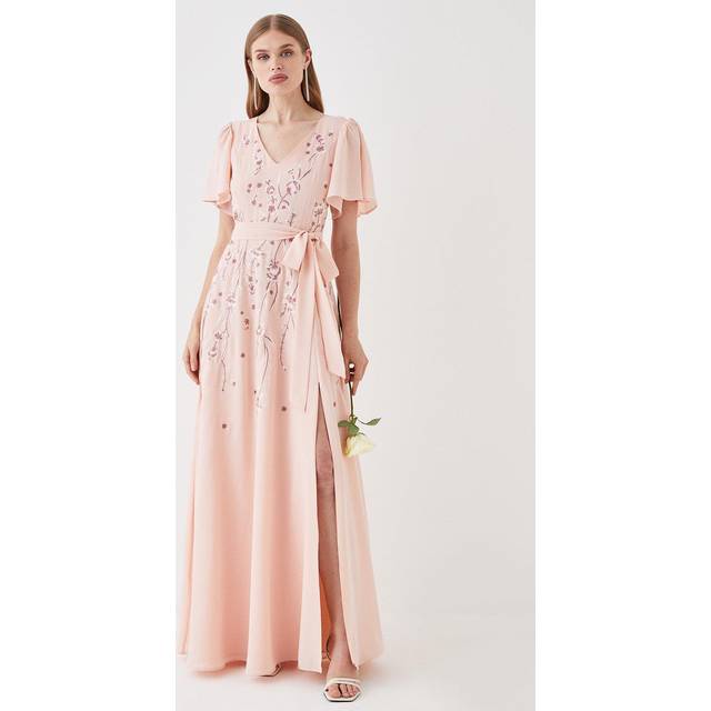Premium Floral Embroidered Bridesmaid Maxi Dress - Pink - 8
