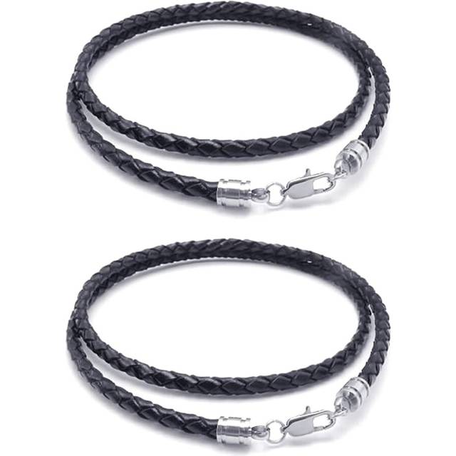 2X Jewelry Men&#39;S Necklace - 3mm Cord - Leather - Stainless Steel - for Men - Black Silver Color- with Gift Bag - 60cm