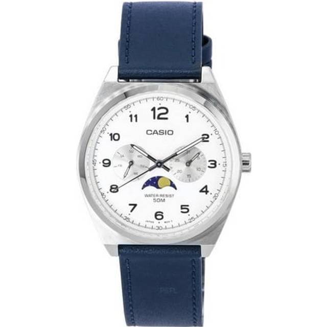 Casio Standard Analog Moon Phase White Dial Leather Strap Quartz MTP-M300L-7A MTPM300L-7 Men's Watch