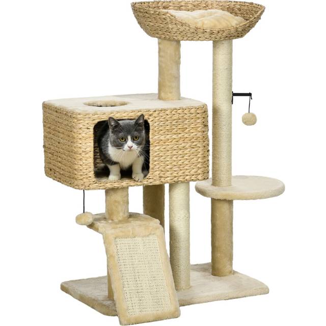 PawHut 95cm Cat Tree Tower w/ Scratching Post - Beige, Cream