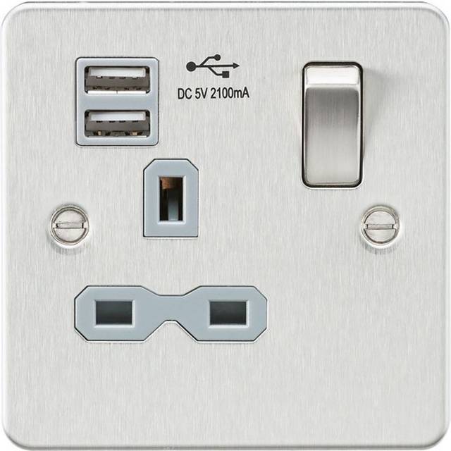 KnightsBridge Flat plate 13A 1G switched socket with dual USB charger (2.1A) - brushed chrome with grey insert - Various