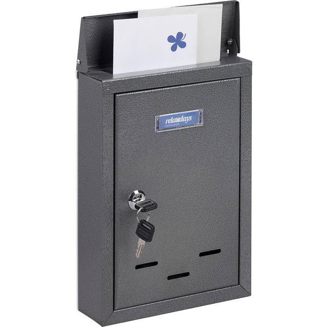 Relaxdays - Letter Box with Name Plate, Metal, Lockable, with 2 Keys, Post Box, hwd: 30.5 x 21 x 7 cm, Wall-Mounted, Grey