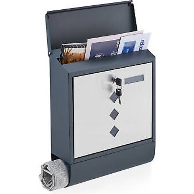 Relaxdays - Mailbox with Newspaper Compartment, hwd: 38.5 x 31 x 12 cm, 2 Keys, Steel & Stainless Steel, Anthracite/silver