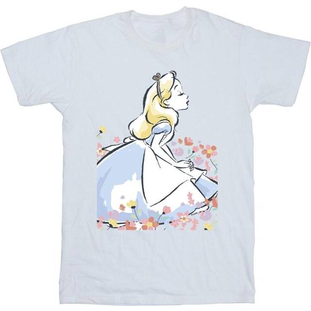 Alice In Wonderland Sketch Flowers Cotton T-Shirt - White - 3-4 Years