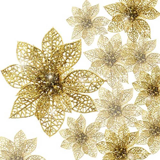 Boao 24 Pieces Christmas Poinsettia Tree Ornament Flowers Christmas Decor Glitter Ornament  3/4/6 Inches (Gold)