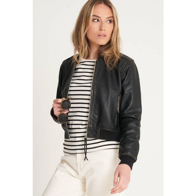 Barneys Originals Womens Washed Leather Bomber Jacket - Black - Size 14 UK