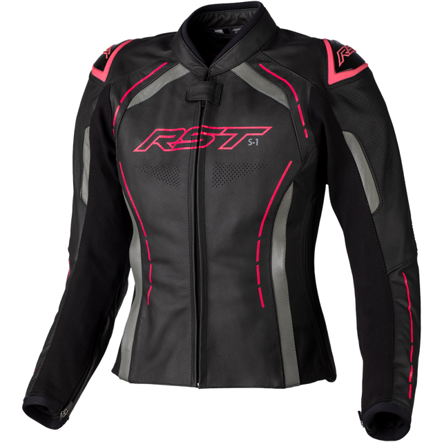 RST S1 Ladies Motorcycle Leather Jacket, black-pink, Size M for Women