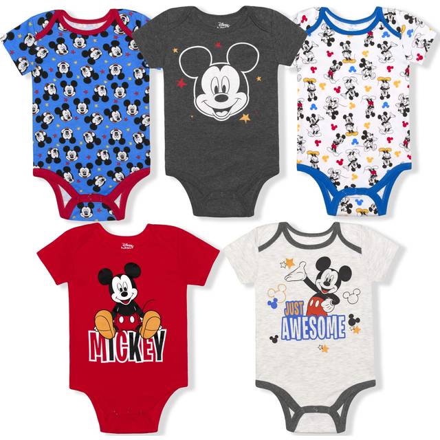 DISNEY Mickey Mouse Boys 5 Pack Bodysuits for Newborn and Infant - Blue/Red/White/Grey