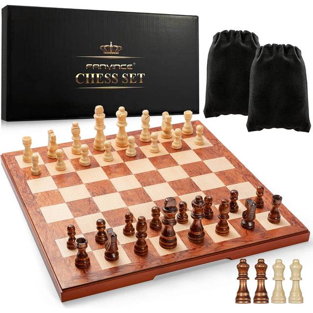 "FanVince Chess Set 15"""""""" Wooden Board Game - Wood Sets with 2 Storage Bags and 2 Extra Queens - Gifts Box for Men Dad"