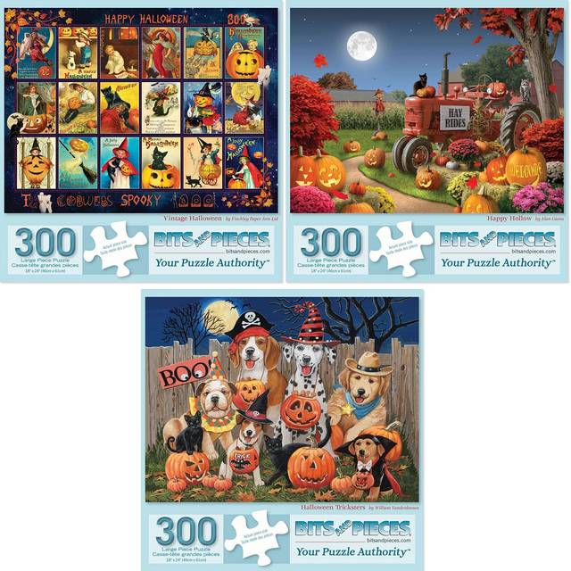 Bits and Pieces - Value Set of 3 300 Piece Jigsaw Puzzles for Adults - Each Puzzle Measures 18 x 24 - 300 pc Large Piece Halloween Jigsaws by Artist V