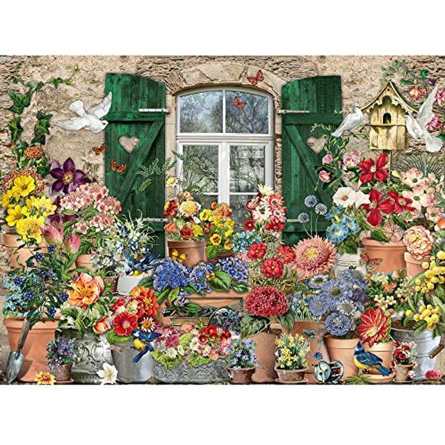 "Bits and Pieces - 1000 Piece Jigsaw Puzzle for Adults 20"""" x 27"""" - Flowers Outside - 1000 pc Collage Flower Window Bird House Spring Butter"