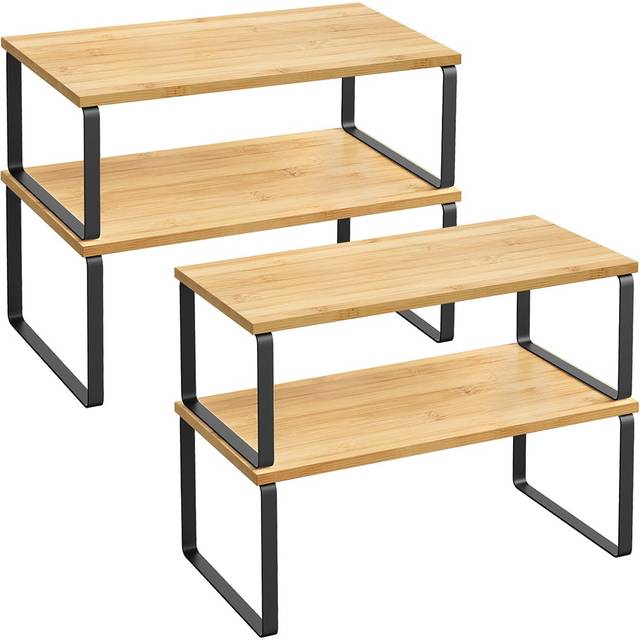 Set of 2 Stackable Kitchen Shelf Organisers, Engineered Wood, Ink Black+ Natural Beige / 1