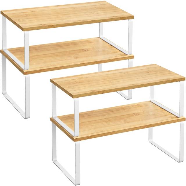 Set of 2 Stackable Kitchen Shelf Organisers, Engineered Wood, Cloud White+ Natural Beige / 1