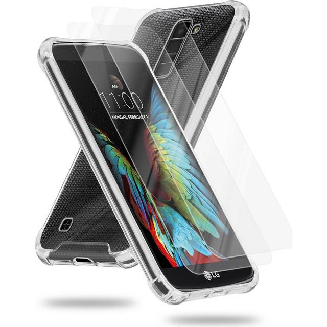 Cadorabo Case and 2x tempered protective glass for LG K10 2016 TPU silicone edge and acrylic glass back Hybrid HardCase Back Case
