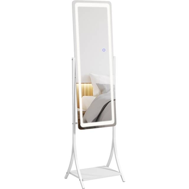 HOMCOM LED Lighted Full Length Mirror, Floor Standing Mirror with Storage Shelf - WHITE