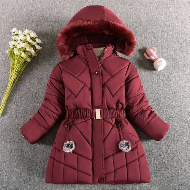 (Burgundy, 7-8 Years) Kids Girls Fur Coat Padded Winter Hooded Jackets